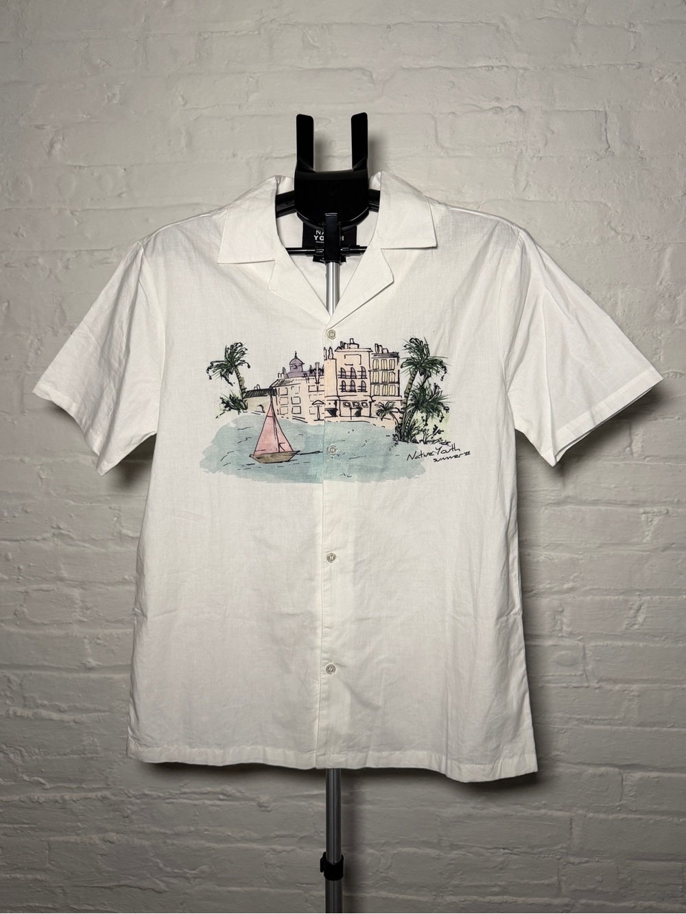 Native Youth White Short-Sleeve Camp Collar Shirt with Coastal Print